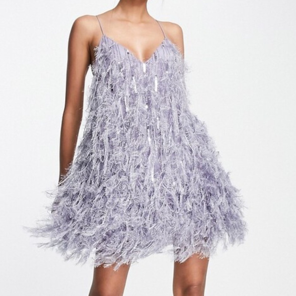 ASOS EDITION FEATHER & SEQUIN MINI DRESS WITH LOW BACK IN LILAC - Size 12